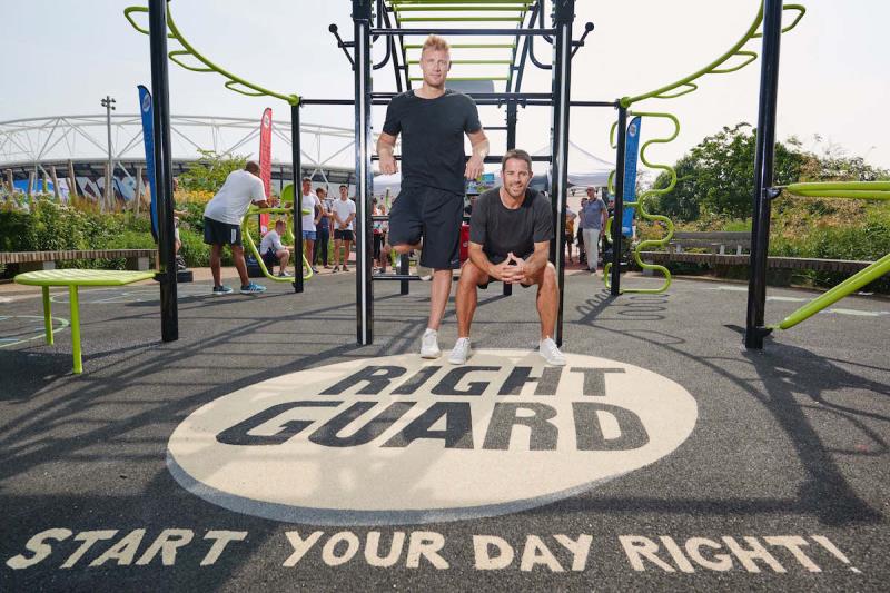 Freddie Flintoff and Jamie Redknapp at our Right Guard gym in Queen Elizabeth Olympic Park